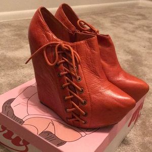 Jeffrey Campbell orange leather wedge booties